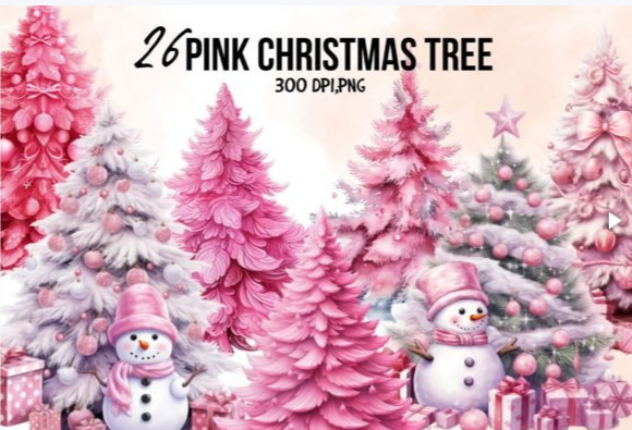 Pink Christmas Tree Sublimation Clipart – 26 Watercolor PNGs for Pink Christmas Tree Aesthetic