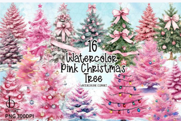 Watercolor Pink Christmas Tree Clipart – 16 PNG Set for Pink Christmas Tree Aesthetic