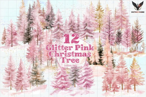 Glitter Pink Christmas Tree Clipart PNG – Sparkling Pink Christmas Tree Aesthetic Set (12 PNG)