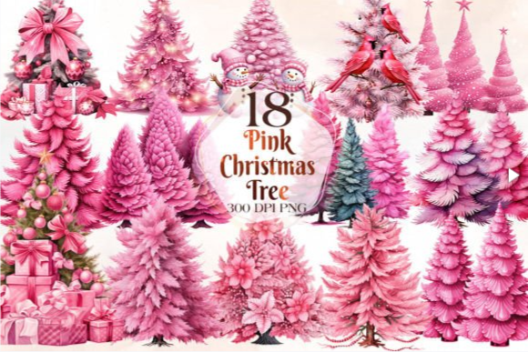 Pink Christmas Tree Sublimation Clipart – 18 PNG Set for Pink Christmas Tree Aesthetic