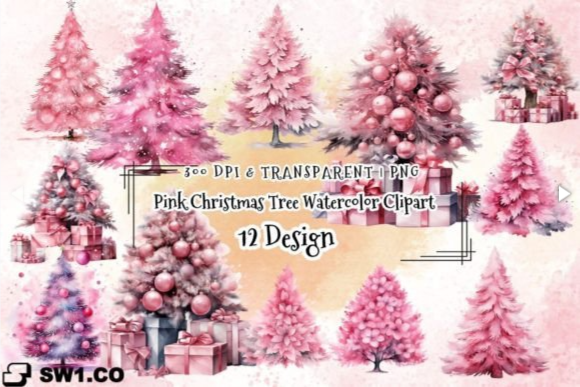 Pink Christmas Tree Watercolor Clipart – 12 PNG Designs for Pink Christmas Tree Aesthetic