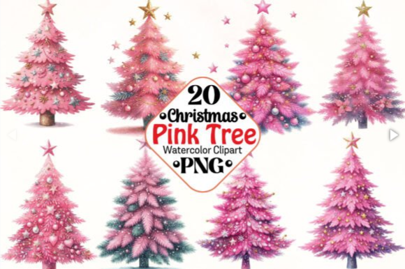 Pink Christmas Tree Clipart – 20 Watercolor PNG Designs for Pink Christmas Tree Aesthetic