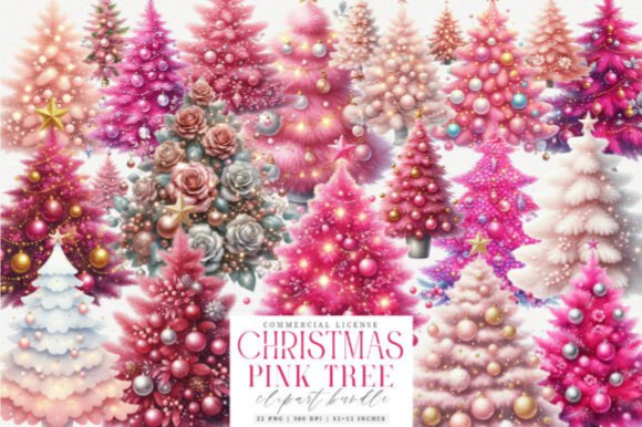 Pink Christmas Tree Clipart Bundle – 22 PNG Designs for Pink Christmas Tree Aesthetic