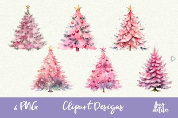 Pink Christmas Tree PNG Coquette Clipart – 6 Watercolor Designs for Pink Christmas Tree Aesthetic
