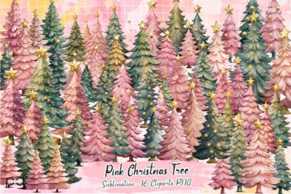 Pink Christmas Tree Sublimation Clipart – 16 PNG Designs for Pink Christmas Tree Aesthetic
