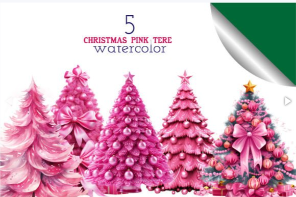 Watercolor Pink Christmas Tree Sublimation – 6 PNG Designs for Pink Christmas Tree Aesthetic