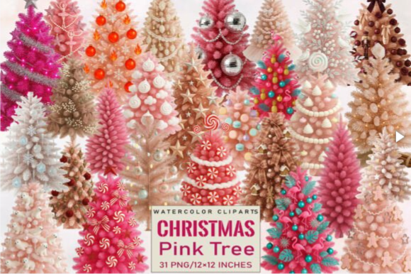 Pink Christmas Tree Clipart Bundle – 31 PNG Designs for Pink Christmas Tree Aesthetic