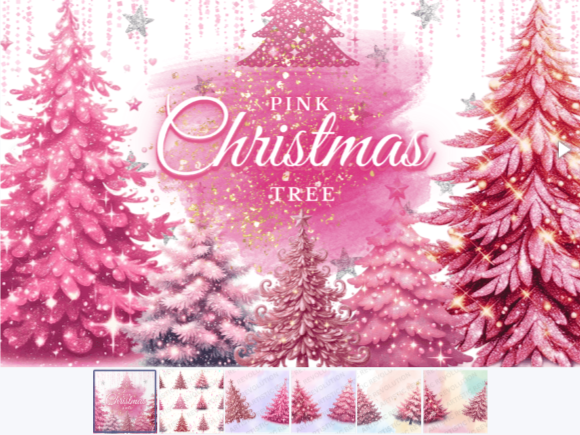 25 Pink Christmas Tree Clipart Bundle – Pink Christmas Tree Aesthetic Watercolor Collection
