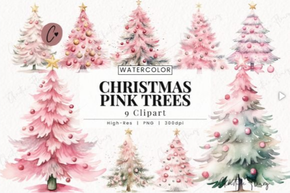 Watercolor Pink Christmas Tree Clipart – Pink Christmas Tree