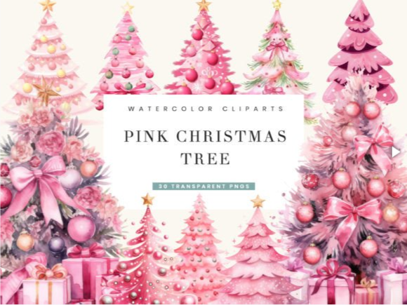 Watercolor Pink Christmas Tree Clipart – 30 PNG Bundle for Pink Christmas Tree Aesthetic