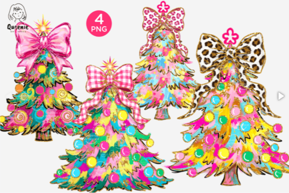 Colorful Coquette Pink Christmas Tree – Vibrant Pink Christmas Tree Aesthetic Clipart (4 PNG)